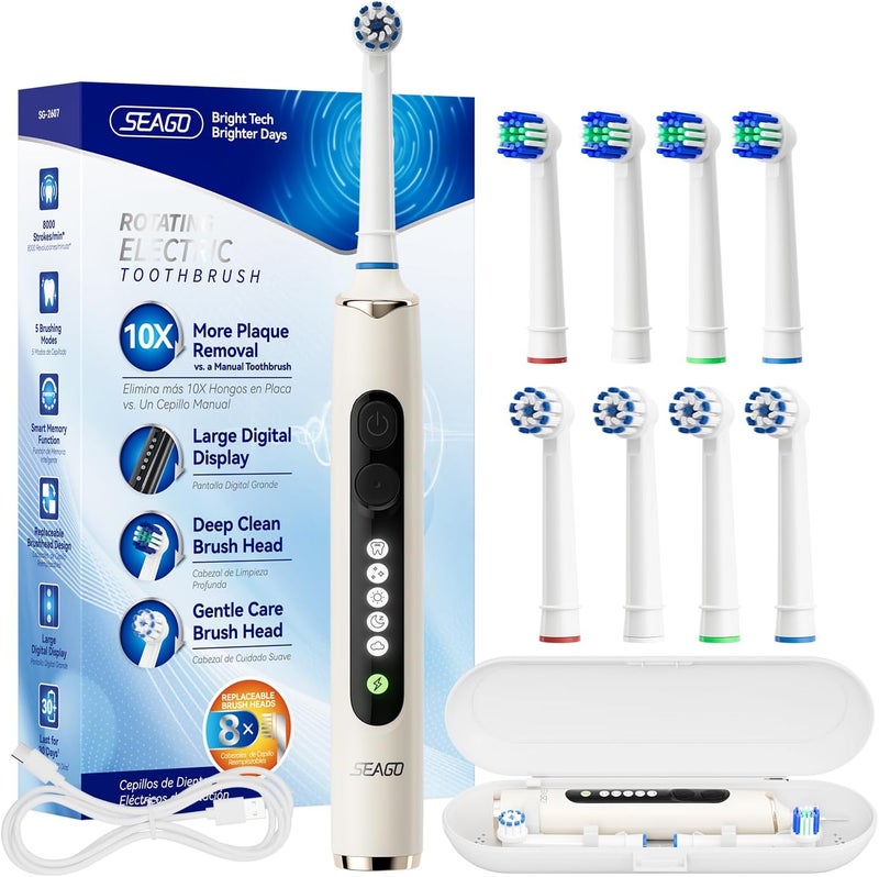 Seago Soft Round Electric Toothbrushes with 8 Spin Brush Heads, 5 Cleaning Modes, Rechargeable Sonic Toothbrush with Timer and Travel Case for Adults and Kids(SG-2607-Beige) - Image 1